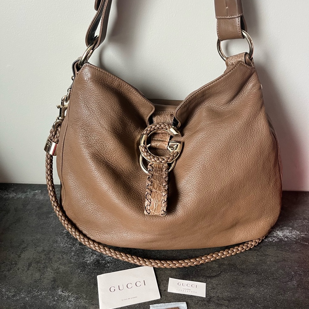 RARE Gucci Alligator Trimmed Leather Brown LARGE HOBO EUROPE EXCLUSIVE❤️